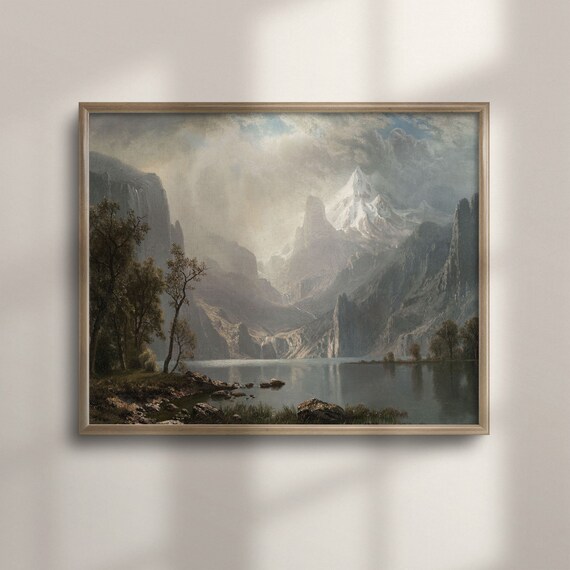 Snowy Peak Mountain Lake Vintage Dramatic Landscape Painting Poster