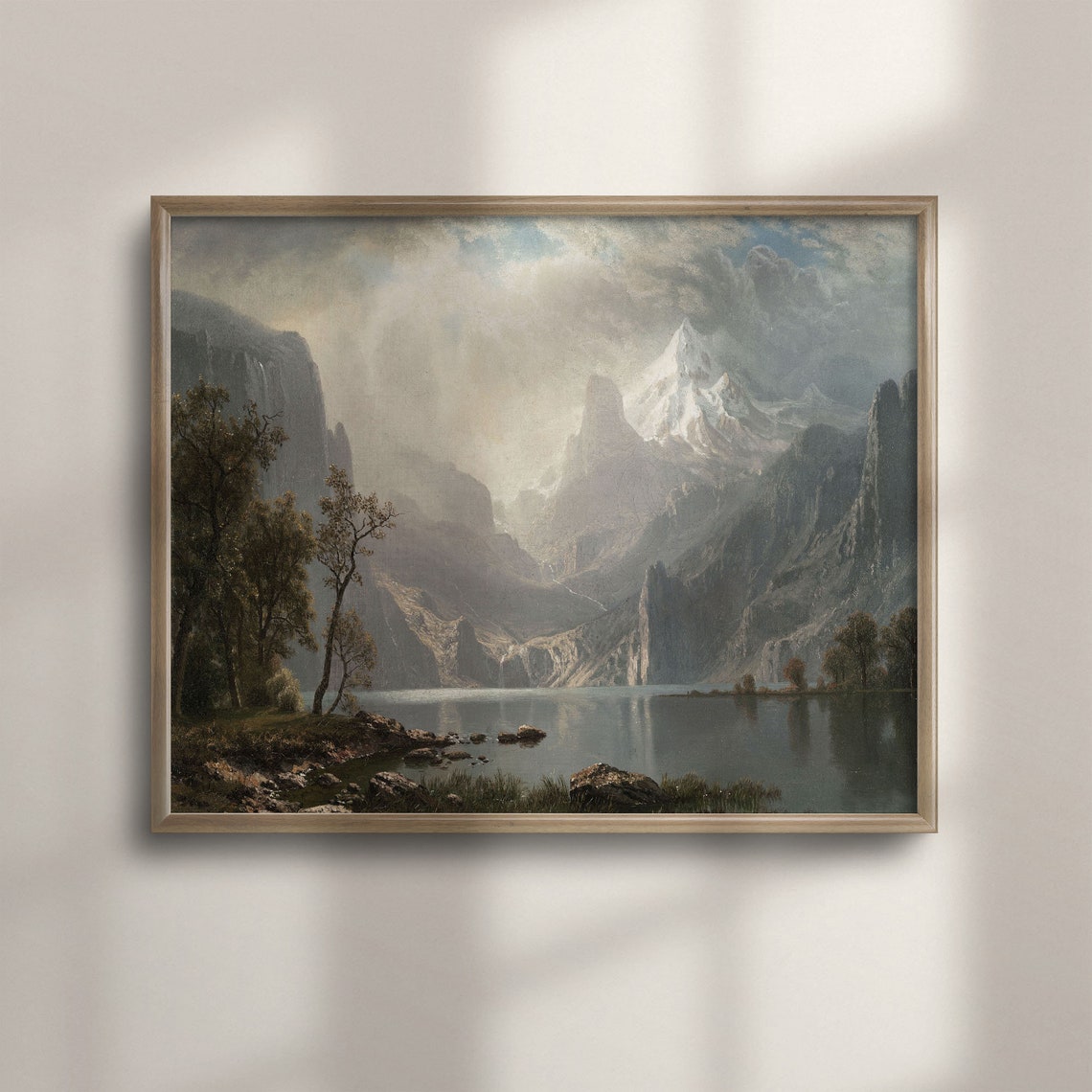 Snowy Peak Mountain Lake Vintage Dramatic Landscape Painting Poster