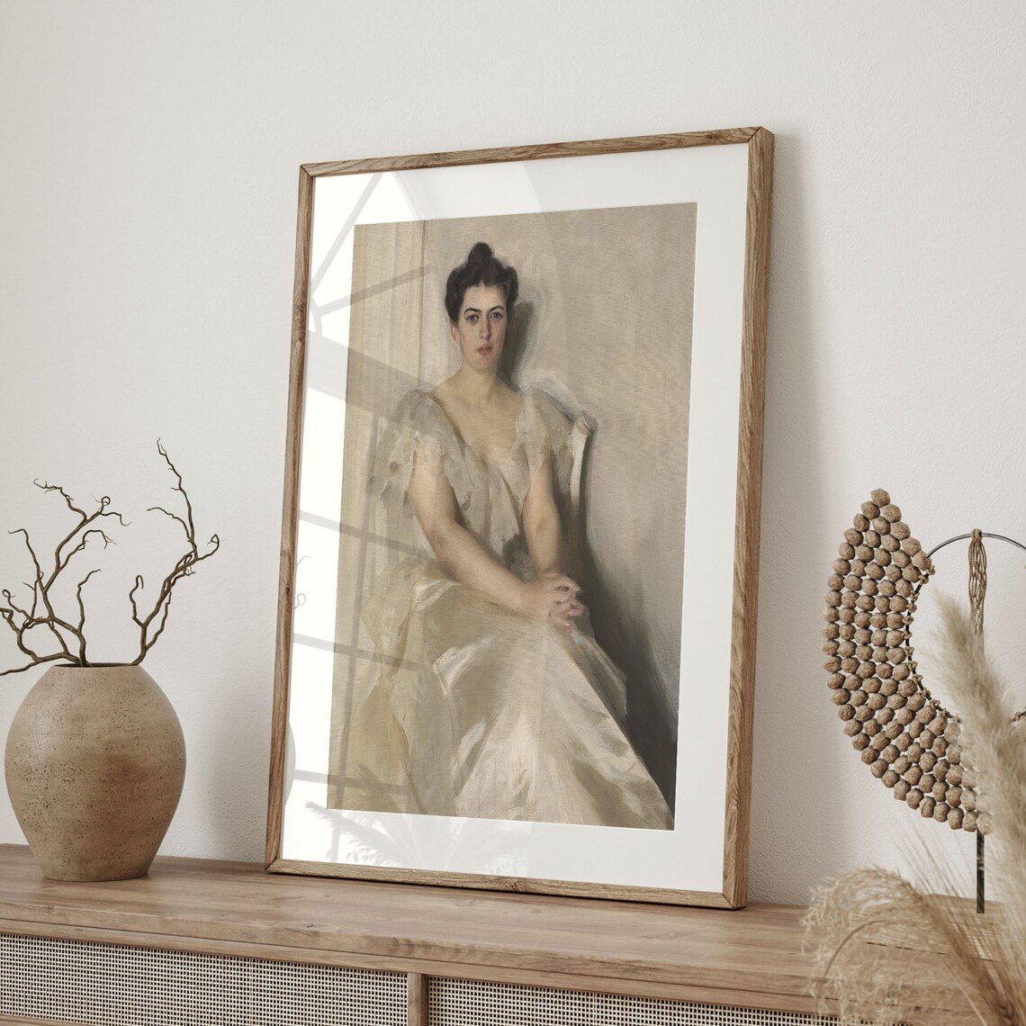 Vintage Portrait Art Elegant Woman in White Dress - Image 4