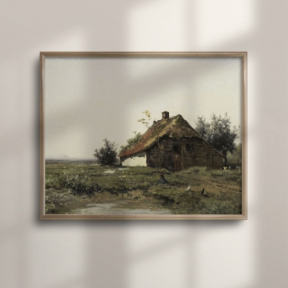 Rustic Farmhouse Landscape Art Print, Vintage Style