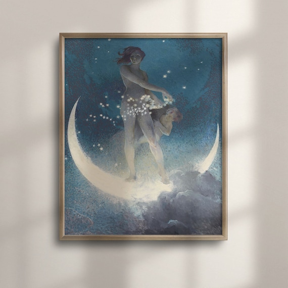 Ethereal Woman Scattering Stars On Crescent Moon Night Sky Art Poster