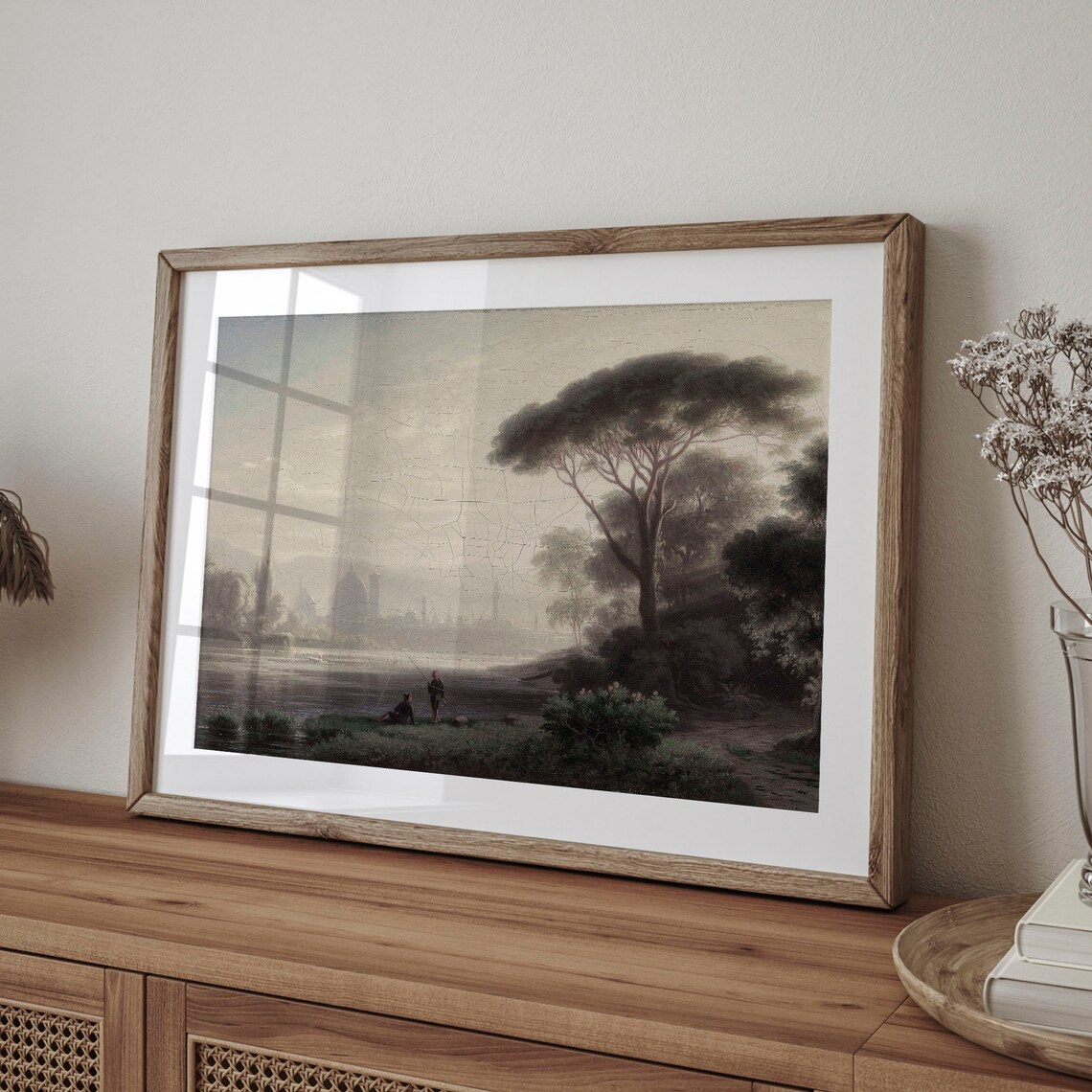 Vintage Misty River Pine Fishermen Old Town Warm Hues Art Poster - Image 4