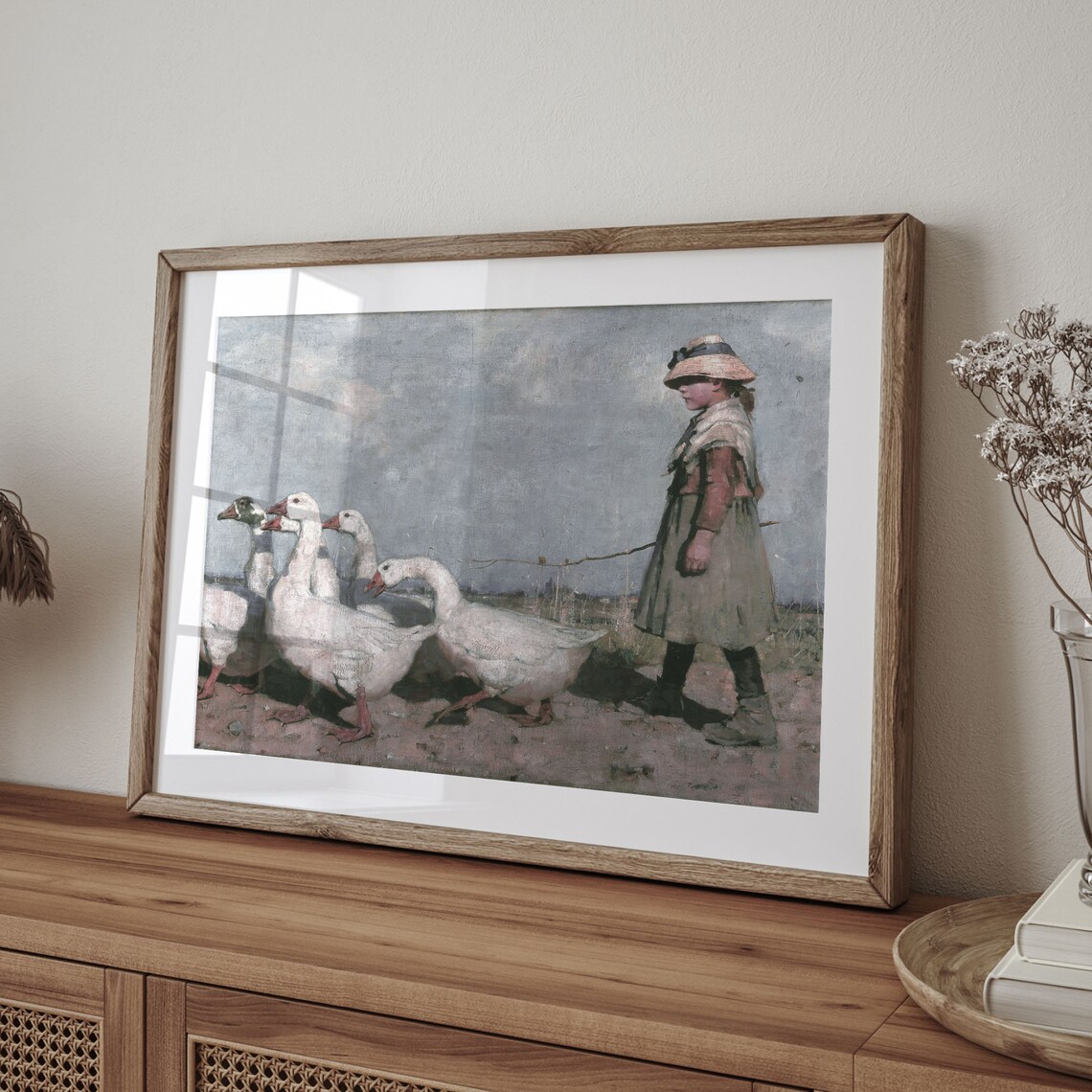 Vintage Goose Girl Herding Geese Oil Painting Art Print Decor - Image 4