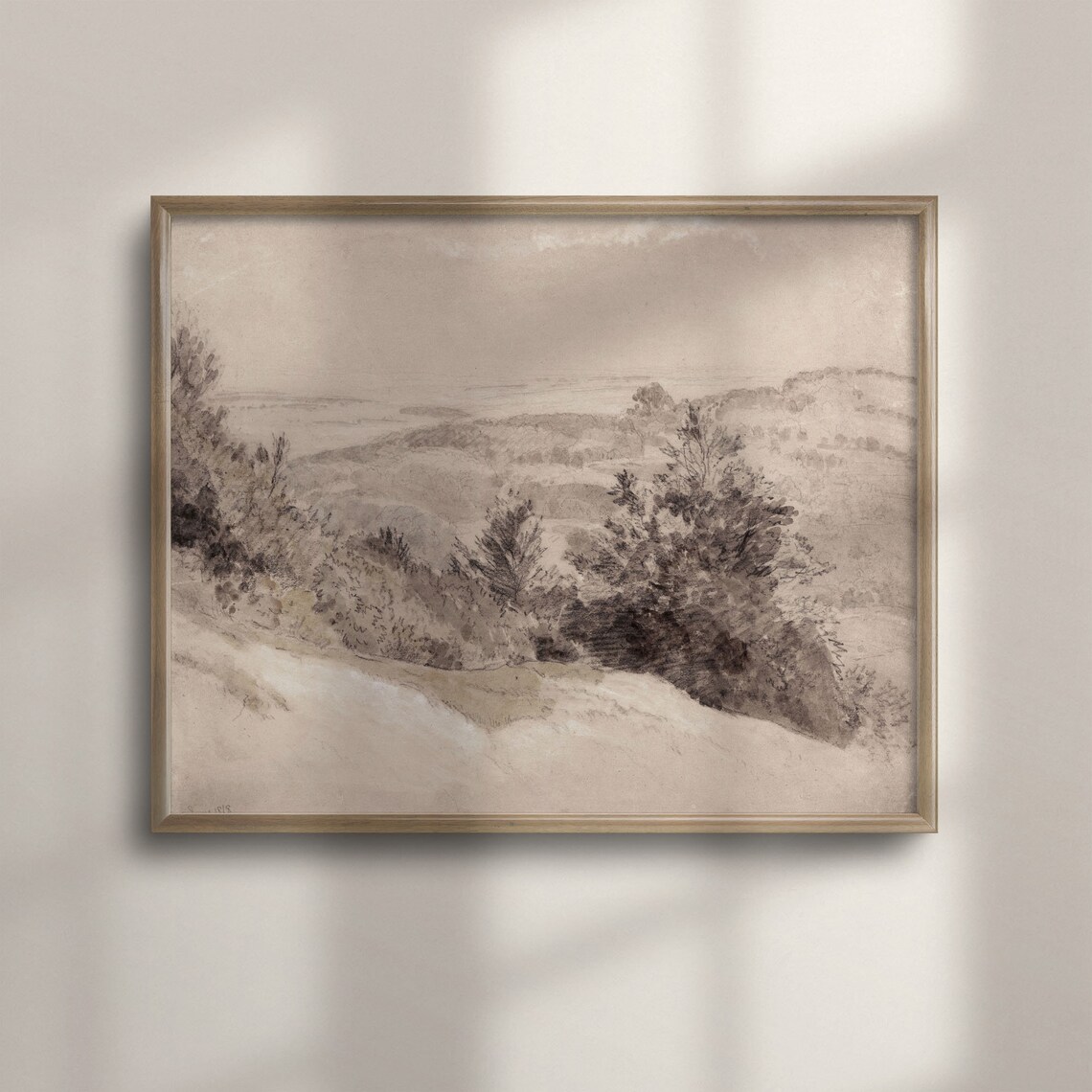 Vintage Sepia Tone Rolling Hills Trees Minimalist Sketch Art Poster