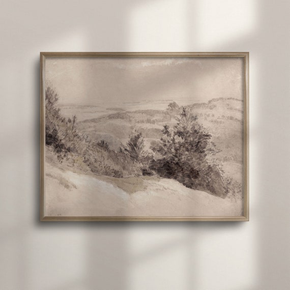 Vintage Panoramic Landscape Print Muted Beige Narrow Art Long Wall Decor Above Bedcouch Artwork Farmhouse Country Decor C16 257