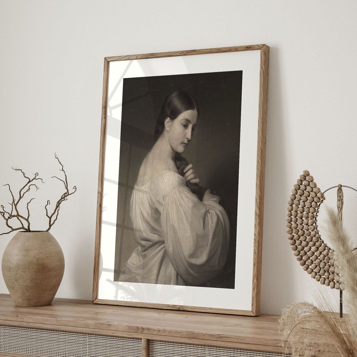 Woman in White Dress Dark Background Antique Portrait Painting Poster - Image 4