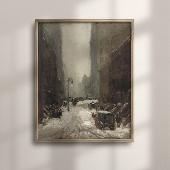 Snowy Paris Street Winter Night Horse Carriage Antique Cityscape Art Poster