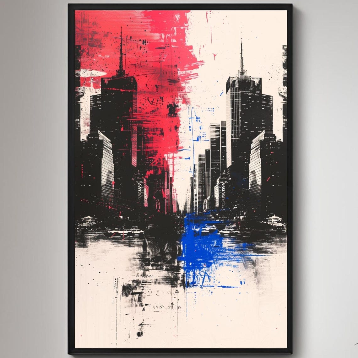 Abstract City Towers in Red Blue and Black Ink Skyline Art Poster