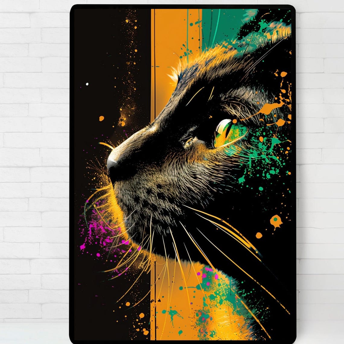 Black Cat Profile Pop Art Paint Splatter Neon Wall Decor Poster
