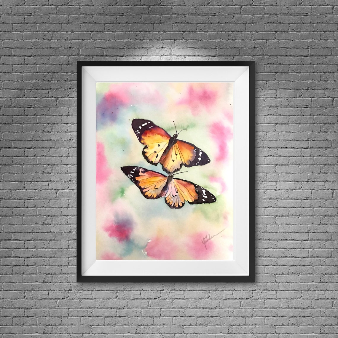 Pair of Monarch Butterflies on a Pastel Wash Watercolor Poster - Image 6