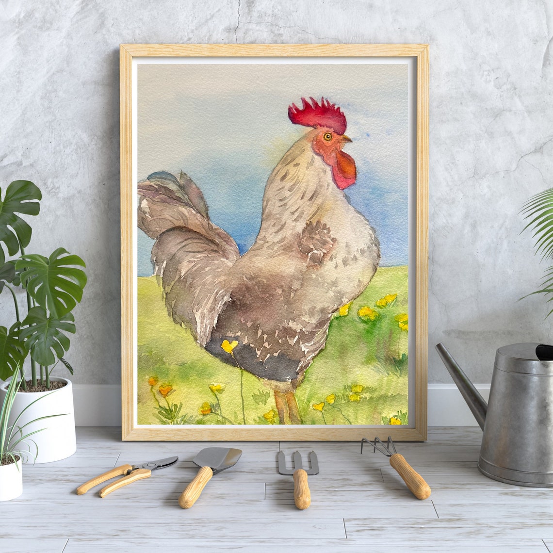 Proud Rooster in a Sunlit Wildflower Meadow Watercolor Poster - Image 3