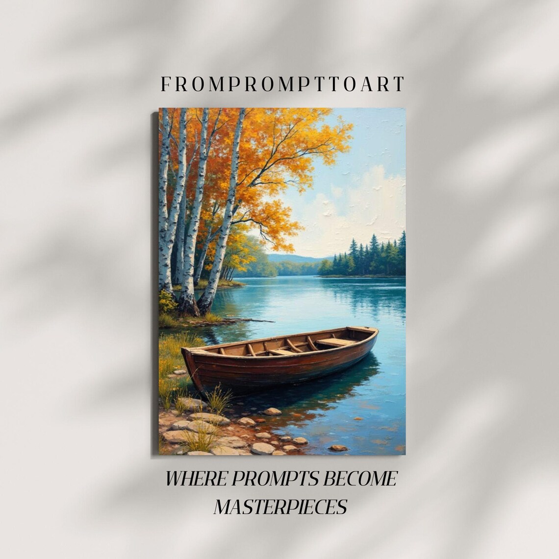 Golden Birch Trees Autumn Lake Wooden Rowboat Fall Waters Landscape Poster