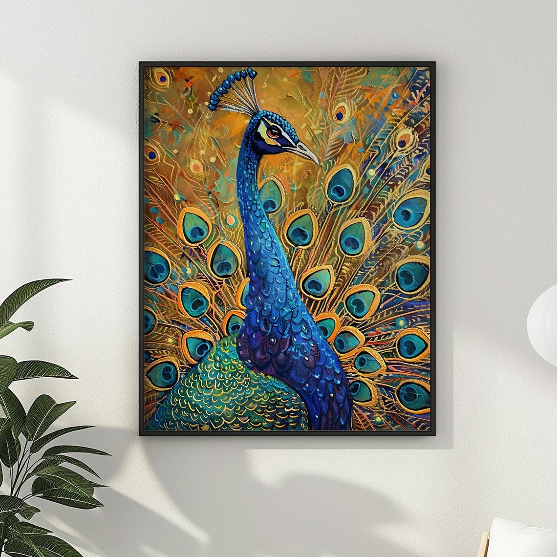 Majestic Peacock With Fanned Tail Blue Gold Impasto Art Poster