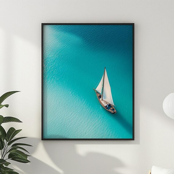 Aerial Sailboat on Turquoise Water Coastal Minimalist Photography Poster