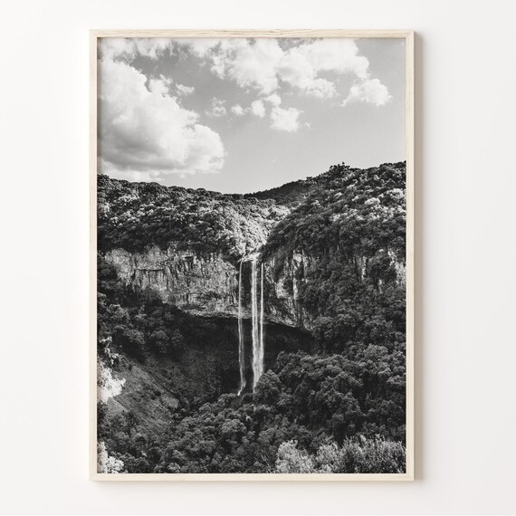 Brazilian Waterfall Cascading Off Forest Cliff Black And White Poster