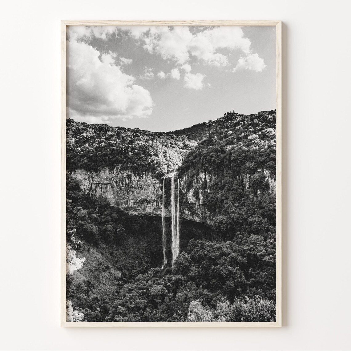 Brazilian Waterfall Cascading Off Forest Cliff Black And White Poster