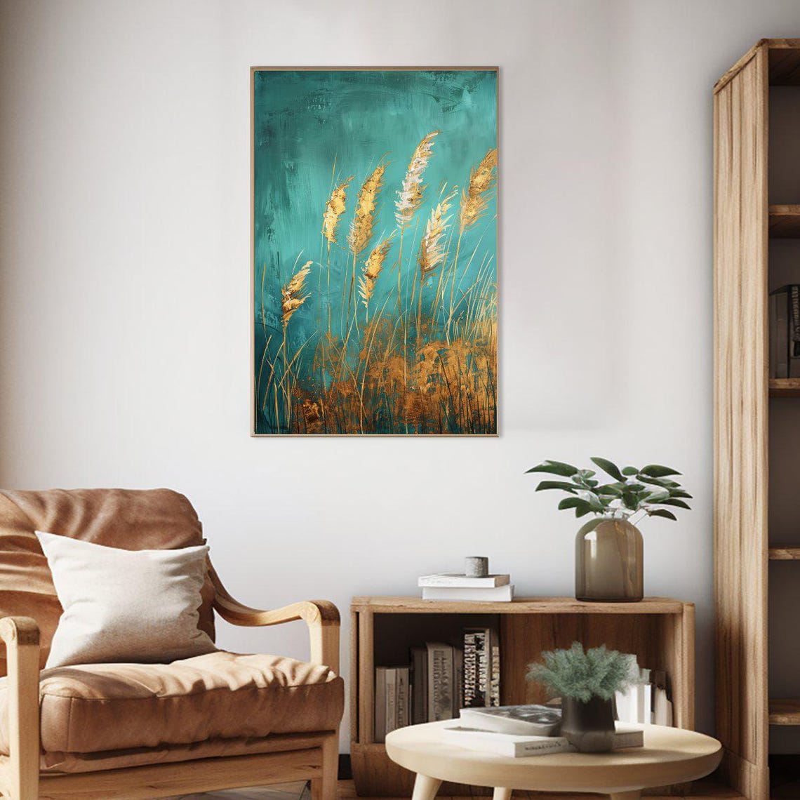 Gold Wheat Stalks Teal Background Modern Abstract Botanical Poster - Image 2