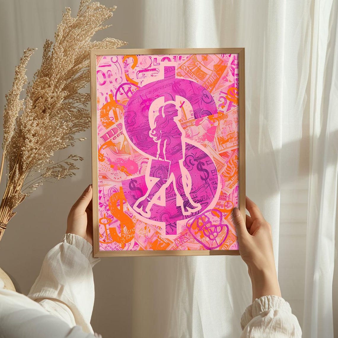 Pink Dollar Sign Woman Silhouette Money Collage Pop Art Wall Poster - Image 2
