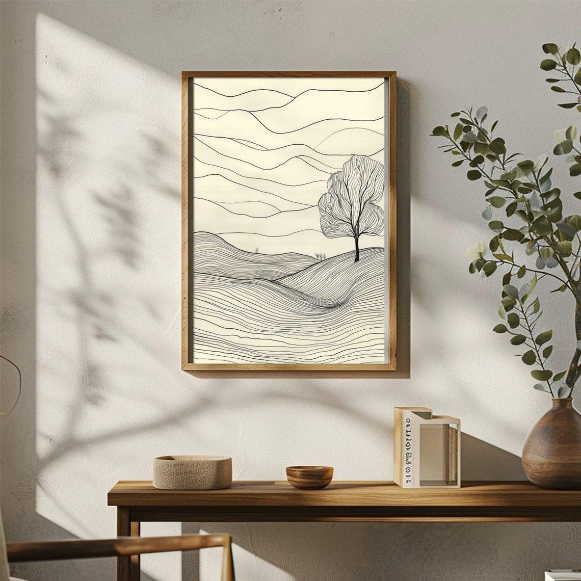 Lone Tree Line Art Rolling Hills Minimalist Ink Landscape Poster - Image 3