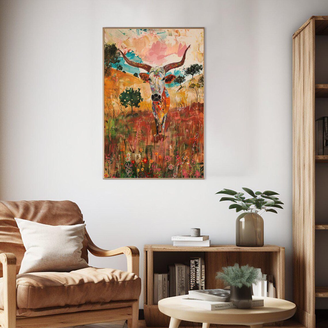 Abstract Floral Texas Longhorn Bull Meadow Oil Painting Poster - Image 2