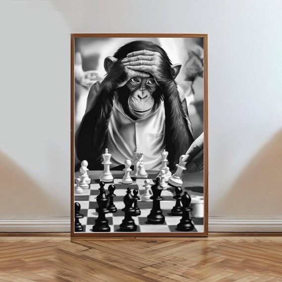 Monkey Playing Chess Deep In Thought Funny Animal Art Poster