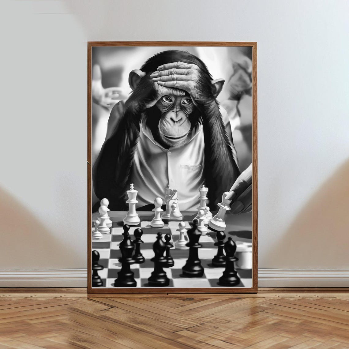 Monkey Playing Chess Deep In Thought Funny Animal Art Poster