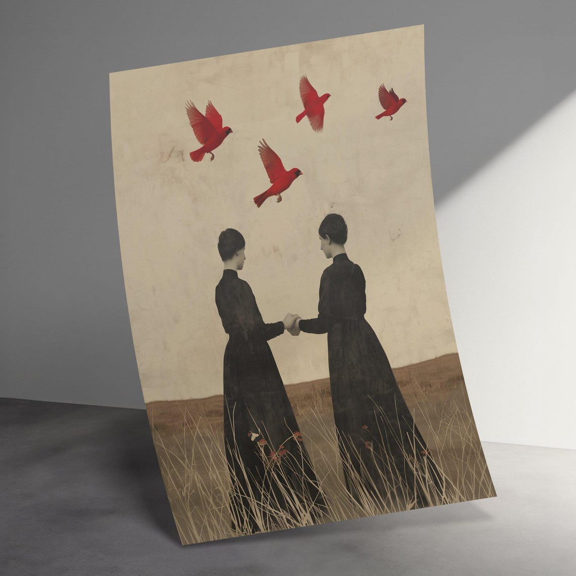 Twin Women Holding Hands Red Birds Surreal Vintage Art Poster - Image 3