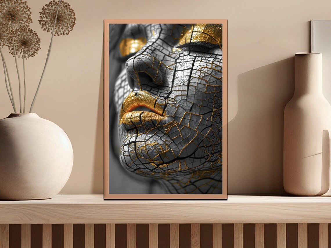 Bold Cracked Golden Kintsugi Beauty Portrait Luxe Black Art Poster - Image 2