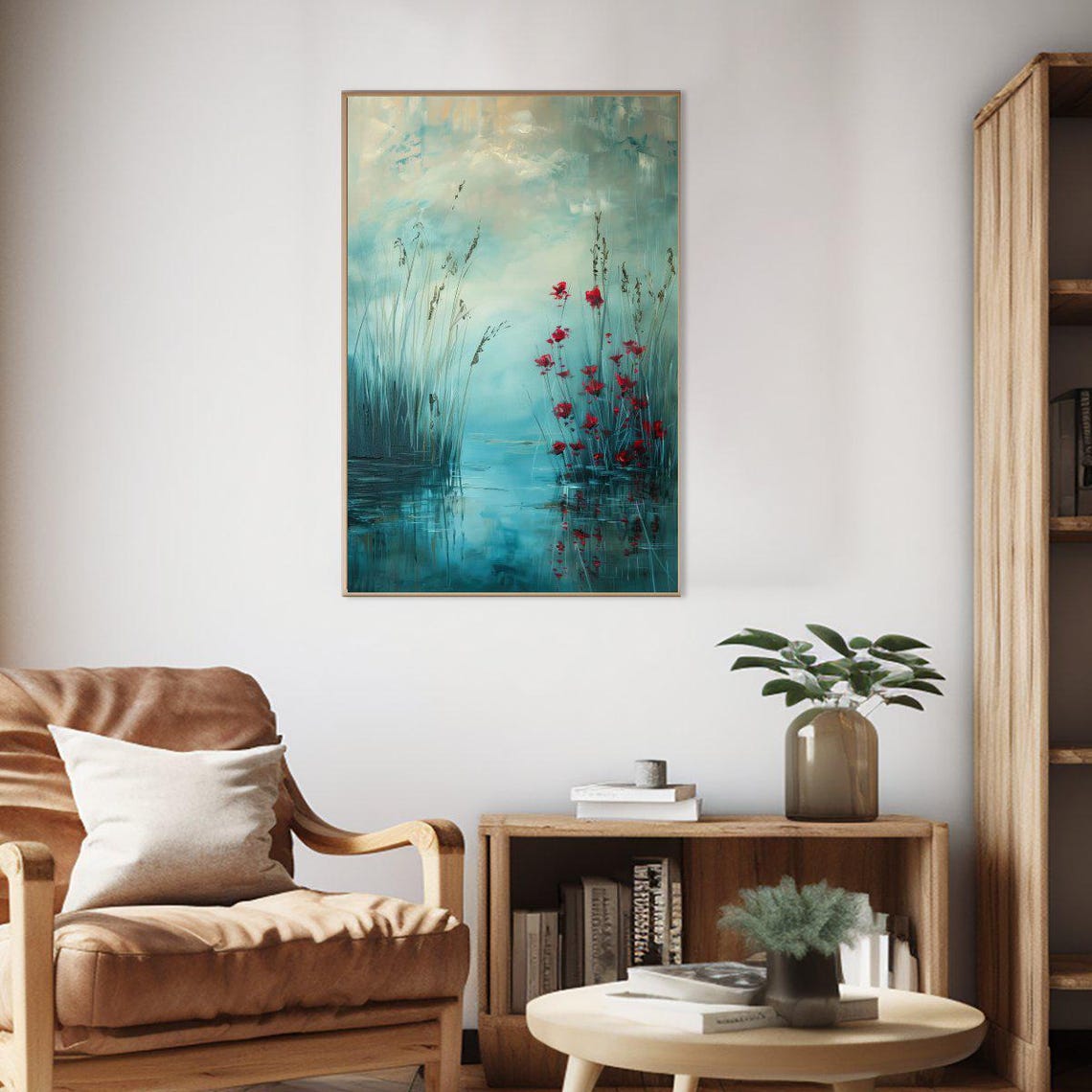 Misty Teal Lake Red Wildflowers Serene Impressionist Water Poster - Image 2