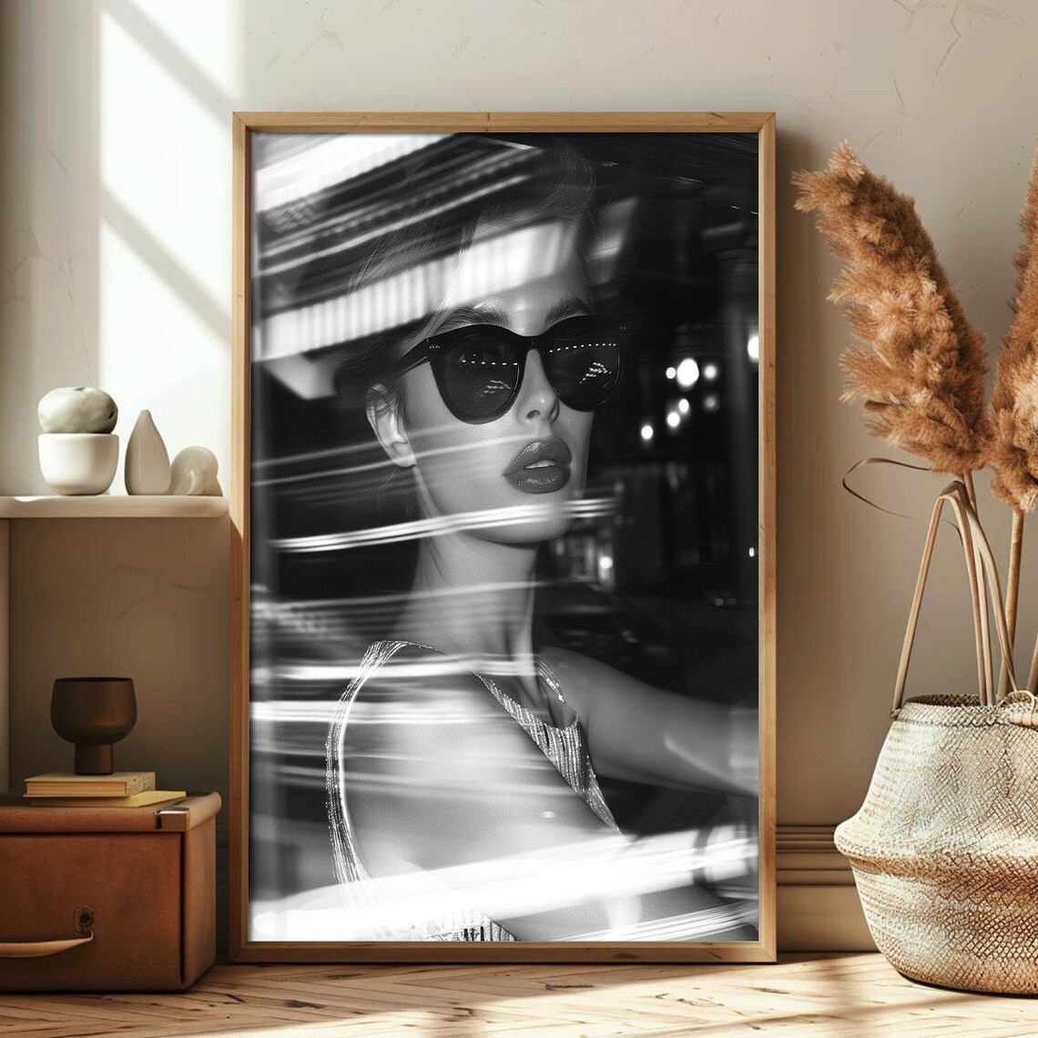 Nocturnal Woman Sunglasses Night Street Black White Photo Poster - Image 3