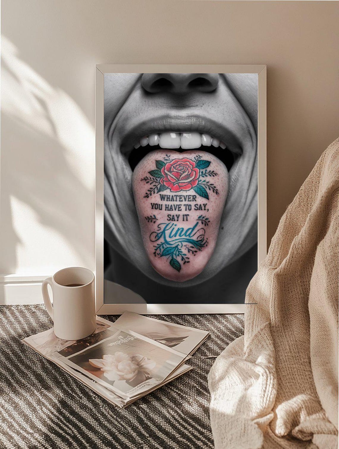 Say It Kind Tattooed Tongue Rose Bold Quote Typography Art Poster - Image 2