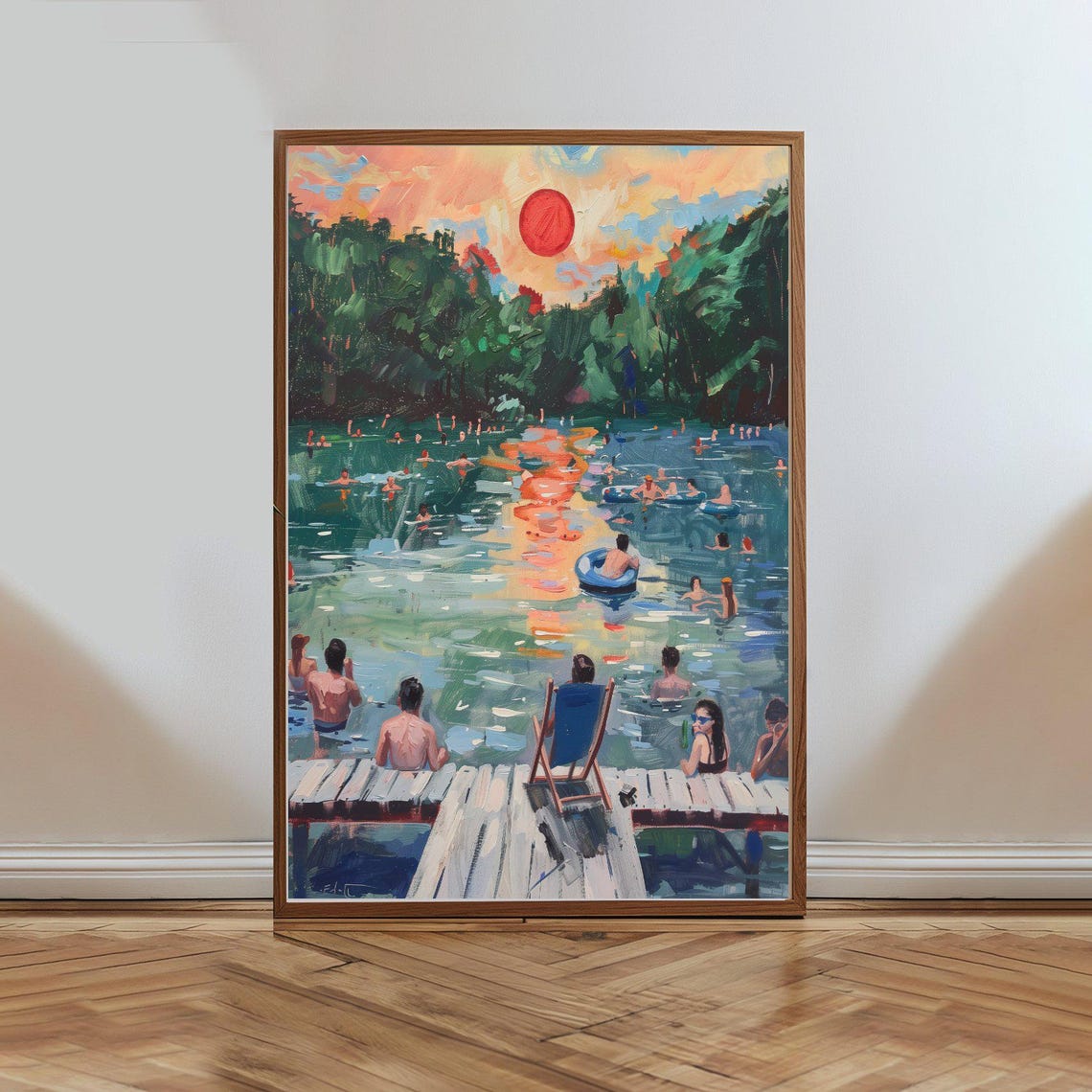 Sunset River Swim Impressionist Swimmers Dock Summer Art Poster
