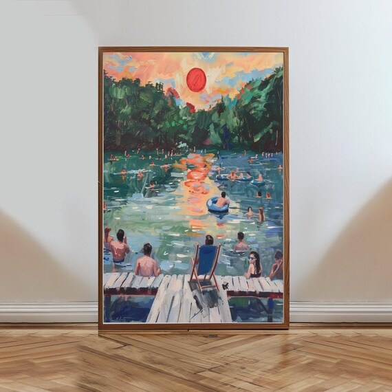 Sunset River Swim Impressionist Swimmers Dock Summer Art Poster