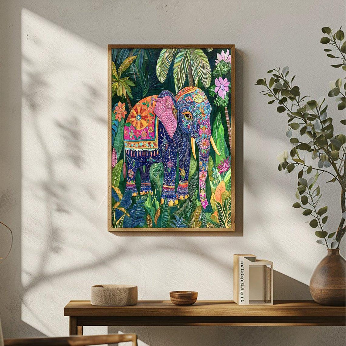 Colorful Boho Elephant Jungle Folk Illustration Artwork Poster - Image 3
