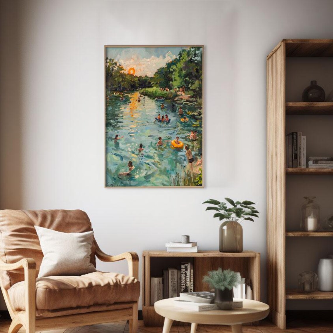 Summer Swim River Swimmers Sunset Impressionist Midcentury Travel Poster - Image 2