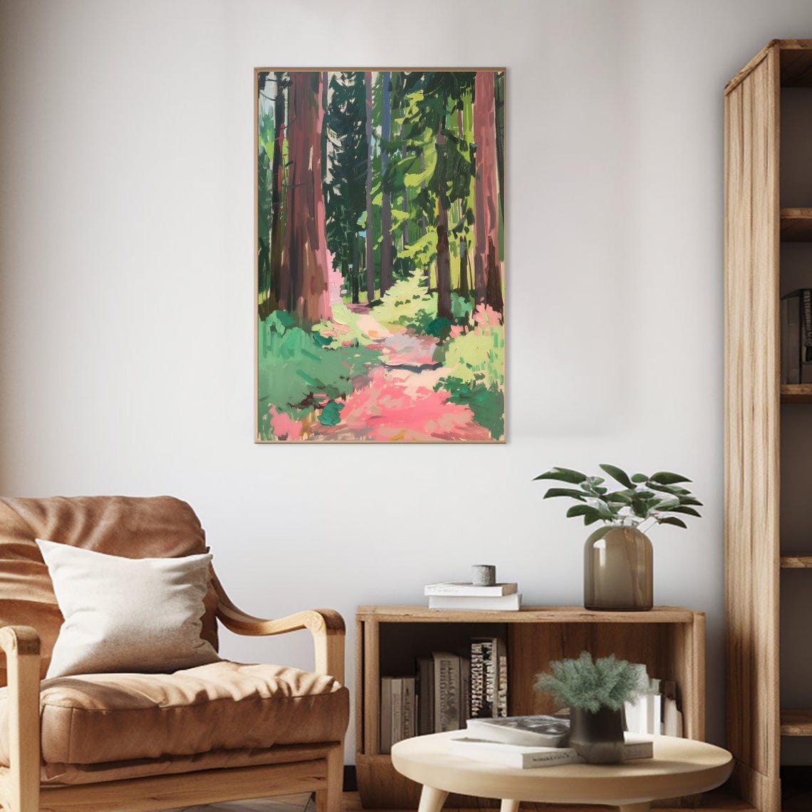 Serene Forest Path Redwoods Dappled Light Nature Painting Poster - Image 2