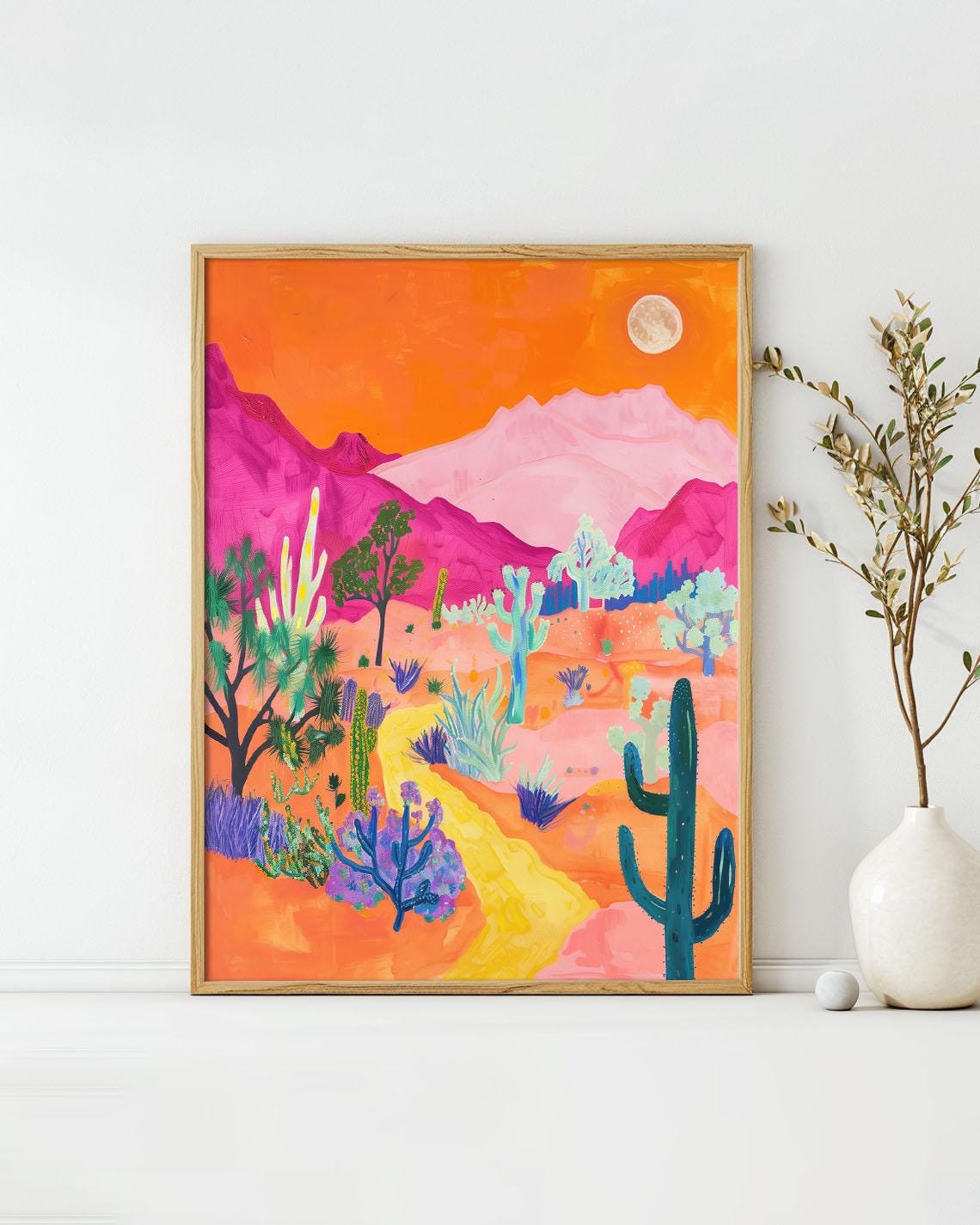 Bold Radiant Desert Sunset Magenta Peaks Orange Sky Art Poster