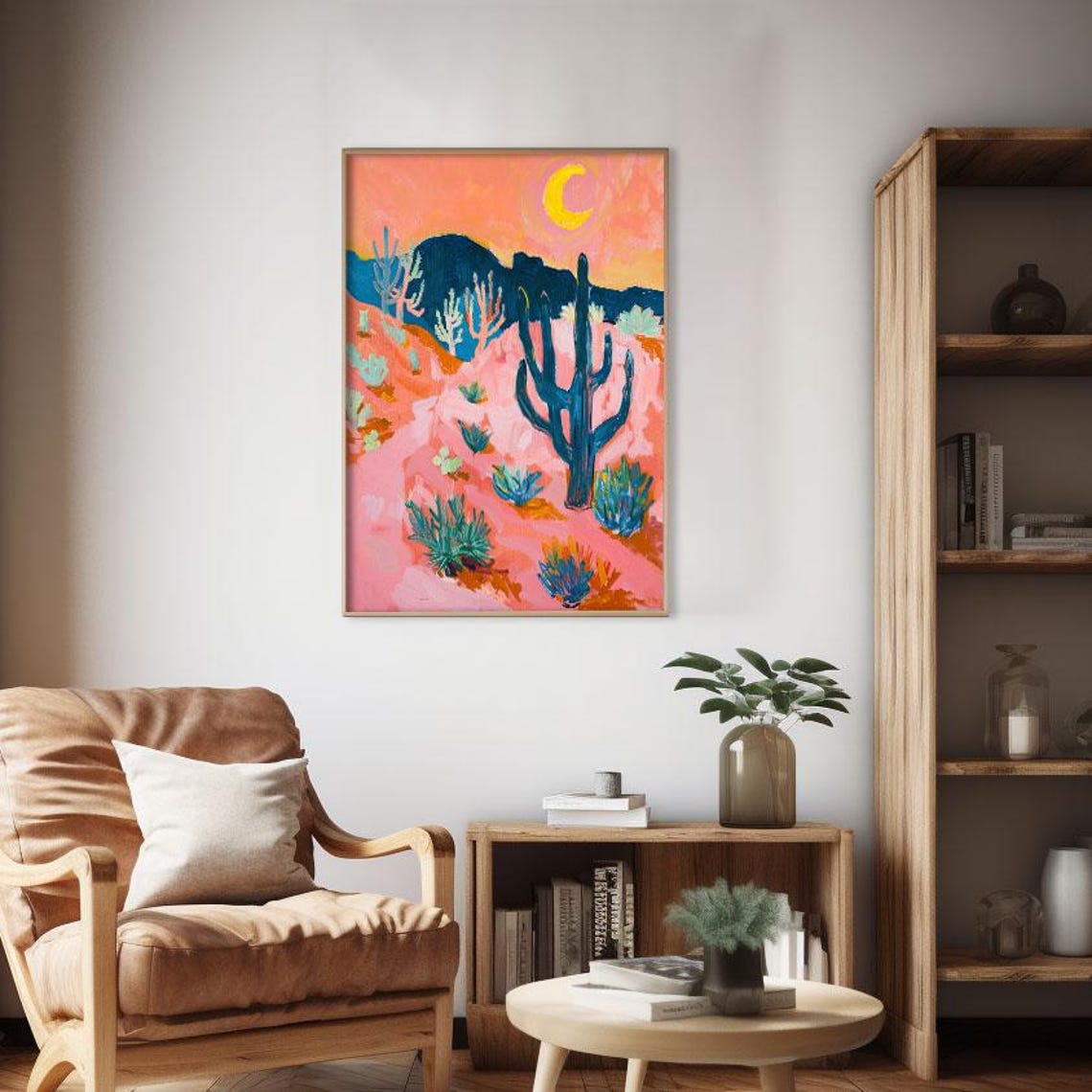 Crescent Moon Desert Cactus Pink Turquoise Night Landscape Poster - Image 2