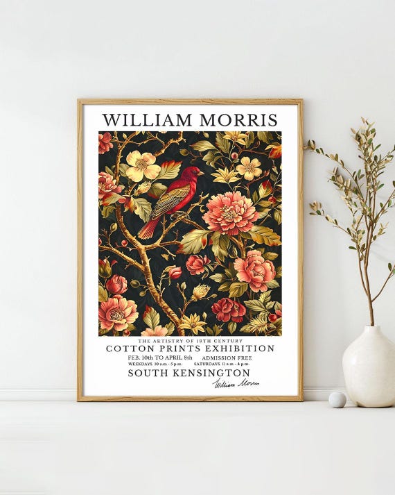 William Morris Posters Red Bird On Floral Background Art Print Vintage Exhibition Wall Deco William Morris Exhibition Poster