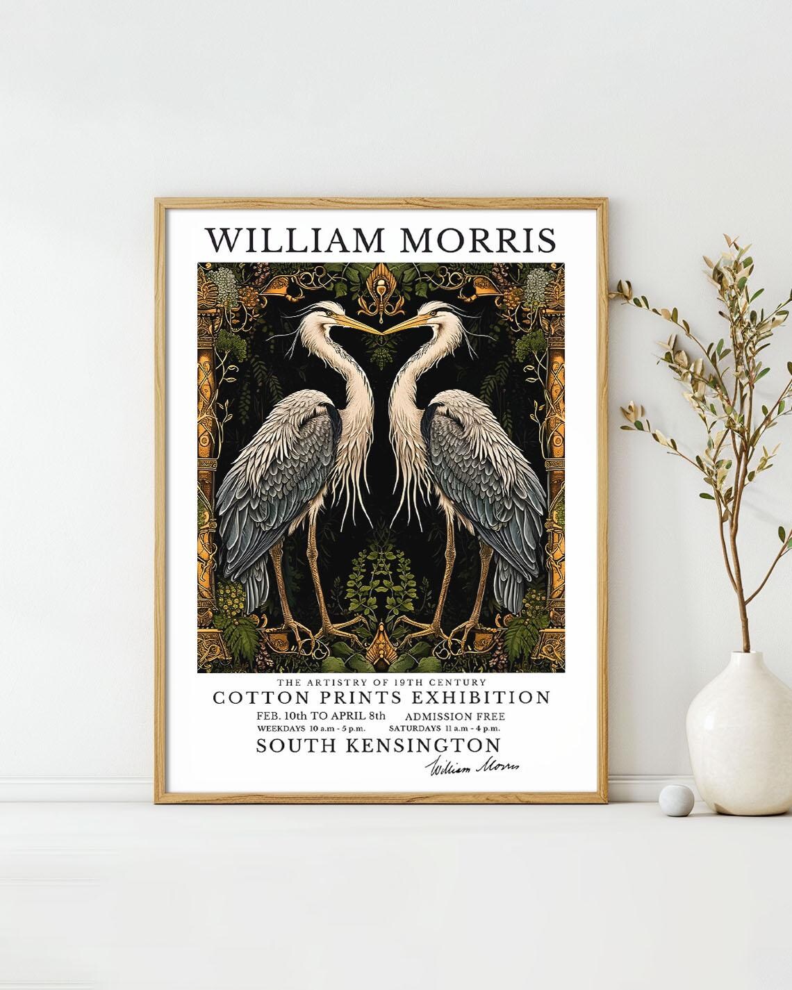 William Morris Two Herons Mirror Ornate Cotton Prints Exhibition Poster