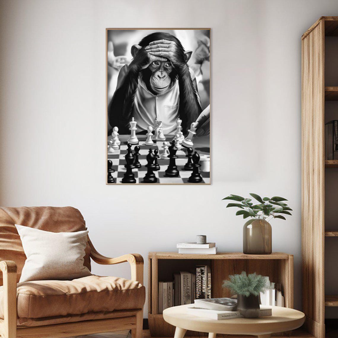 Monkey Playing Chess Deep In Thought Funny Animal Art Poster - Image 2
