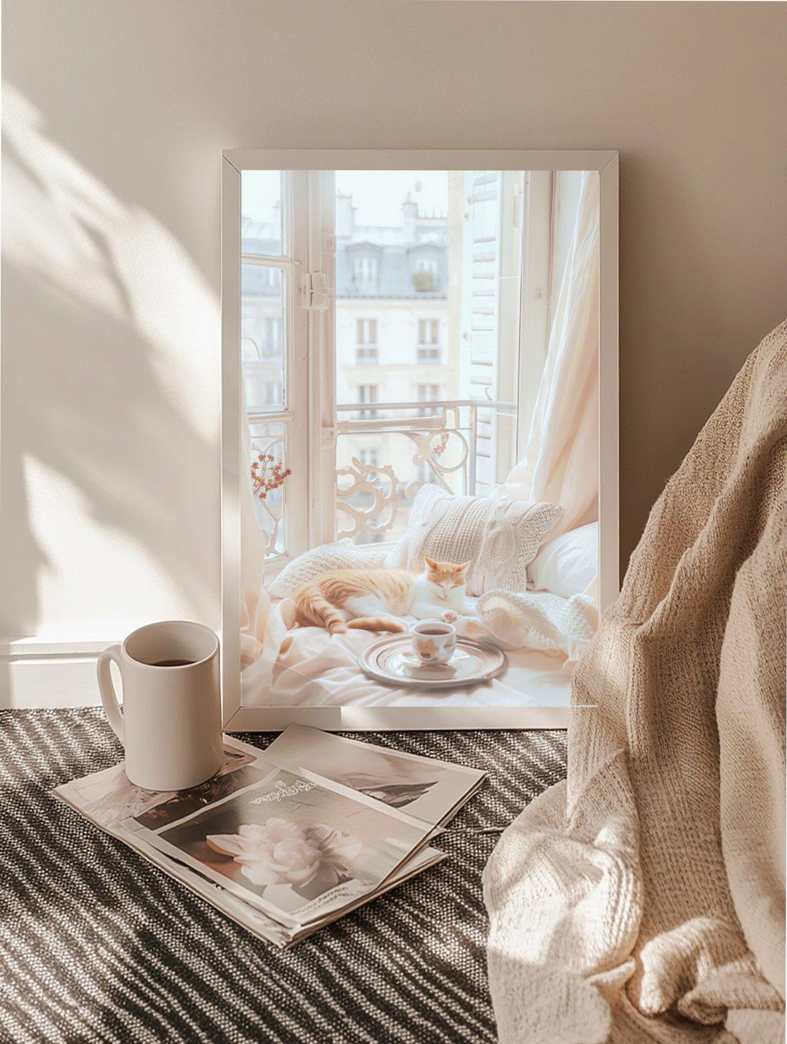 Sleeping Ginger Cat On Paris Windowsill With Coffee Cozy Poster - Image 2