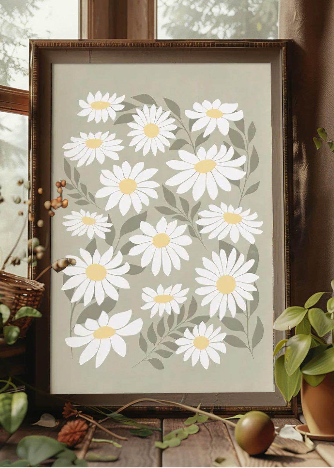 Minimalist White Daisies Sage Green Botanical Floral Art Poster - Image 2