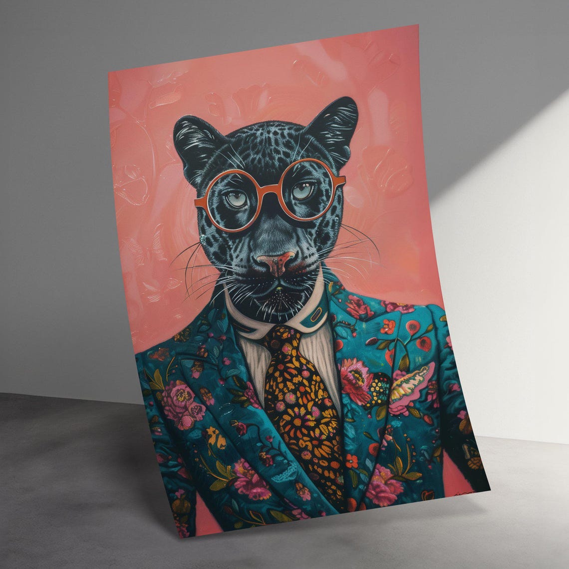 Dapper Panther In Orange Glasses Floral Suit Fun Animal Art Poster - Image 3