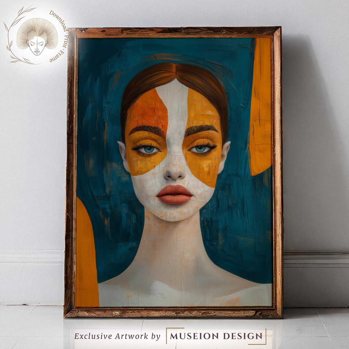 Abstract Woman Portrait Bold Orange Teal Minimalist Art Poster