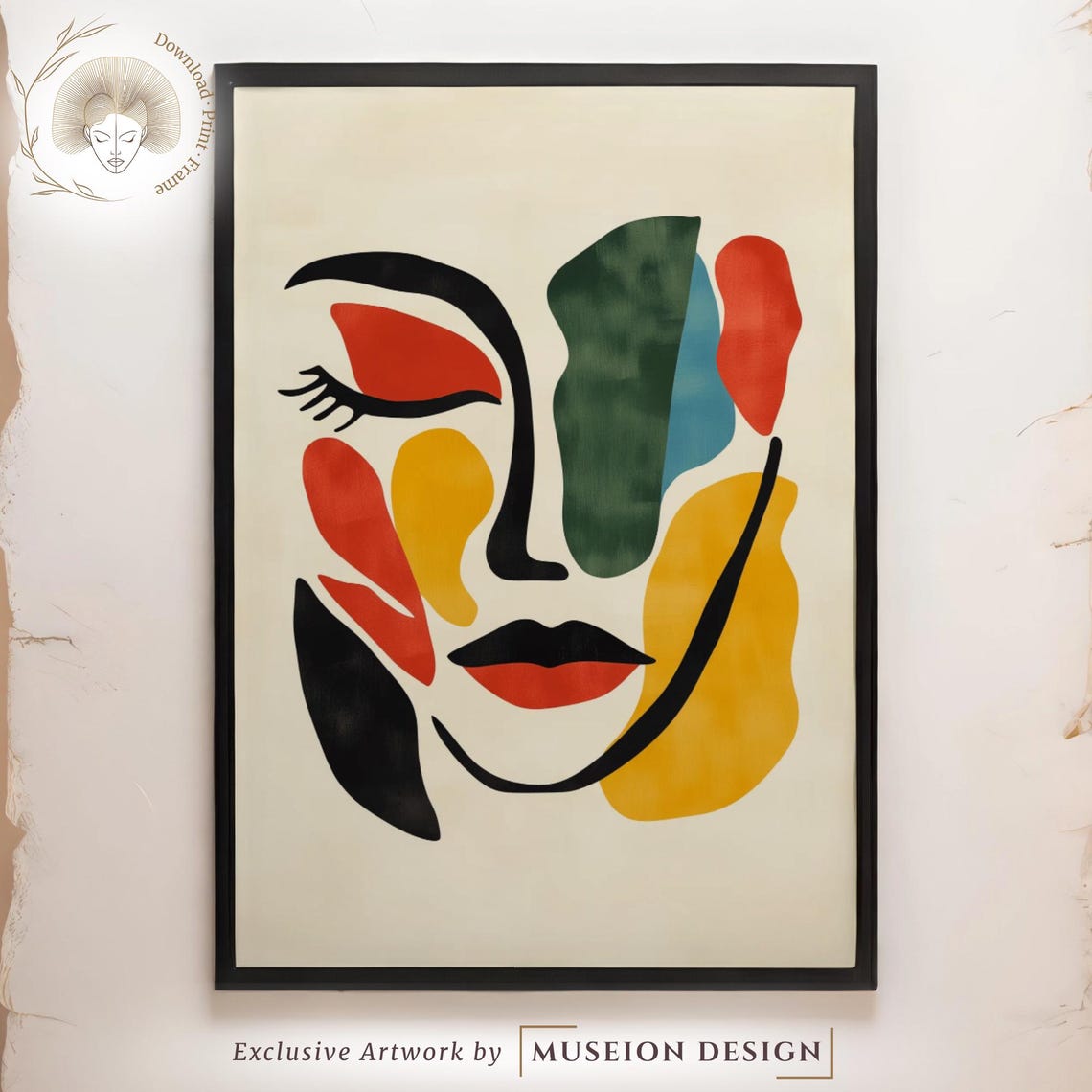 Colorful Abstract Face Modern Geometric Matisse Style Art Poster