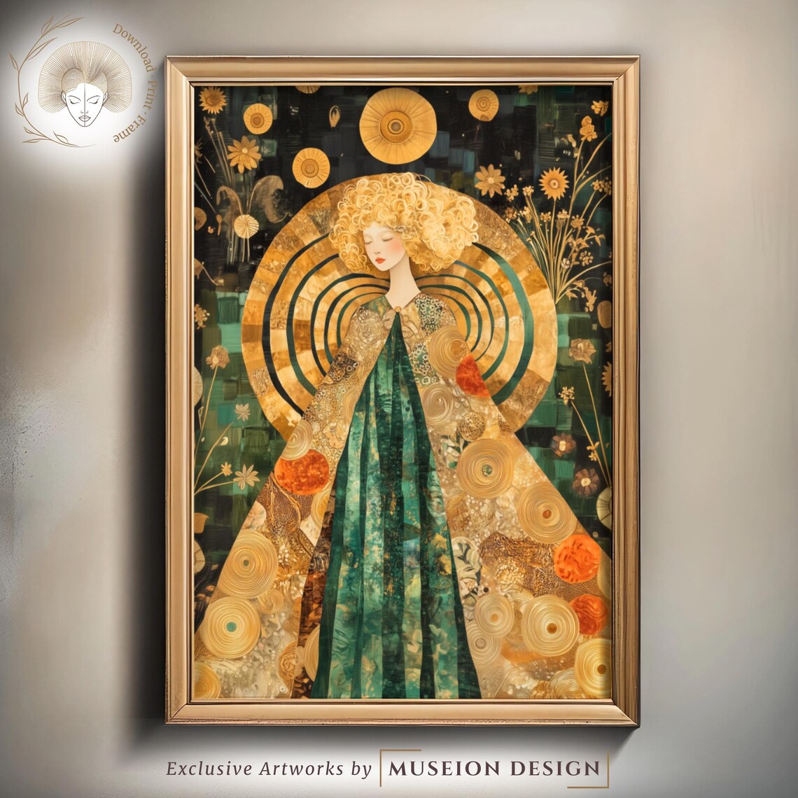 Klimt Style Golden Woman Ornamental Floral Emerald Art Print