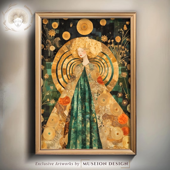 Klimt Style Golden Woman Ornamental Floral Emerald Art Print
