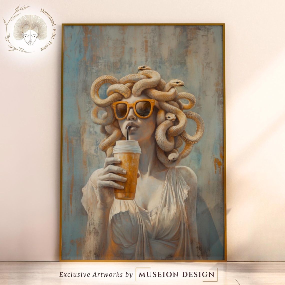 Funny Medusa Sunglasses Iced Coffee Greek Mythology Vintage Oil Paint Poster