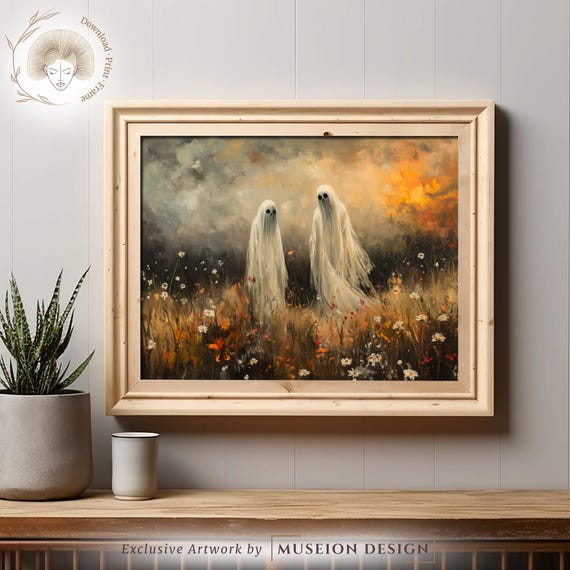 Two Ghosts In Floral Field Art Print Spooky Halloween Decor